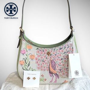 EUC Tory Burch Emerson Brocade Zip Shoulder Bag Winter Sage